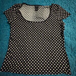 I.N.C International Concepts White Polka Dots on Black Short Sleeve Women's Sz.L